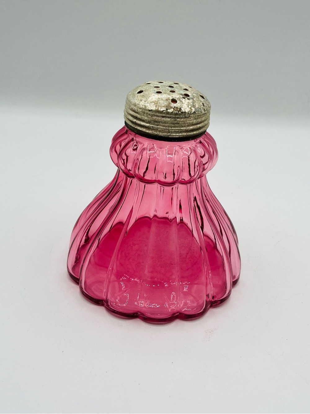 Vintage Ruby Pink Glass sugar Shaker with Silver-Tone Top